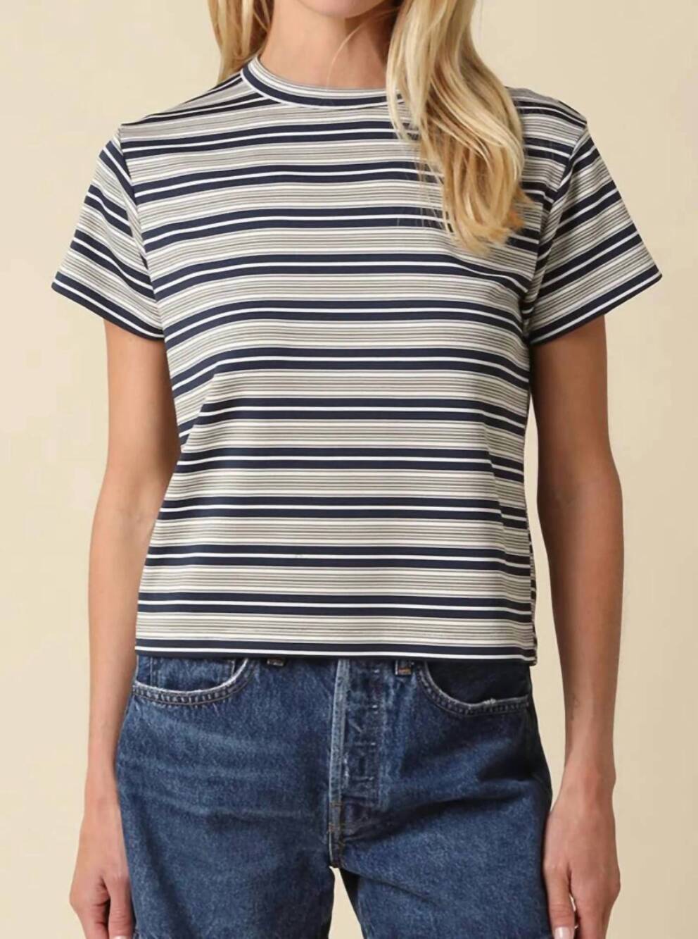NEW OLIVACEOUS short sleeves striped tee in navy cream and olive
